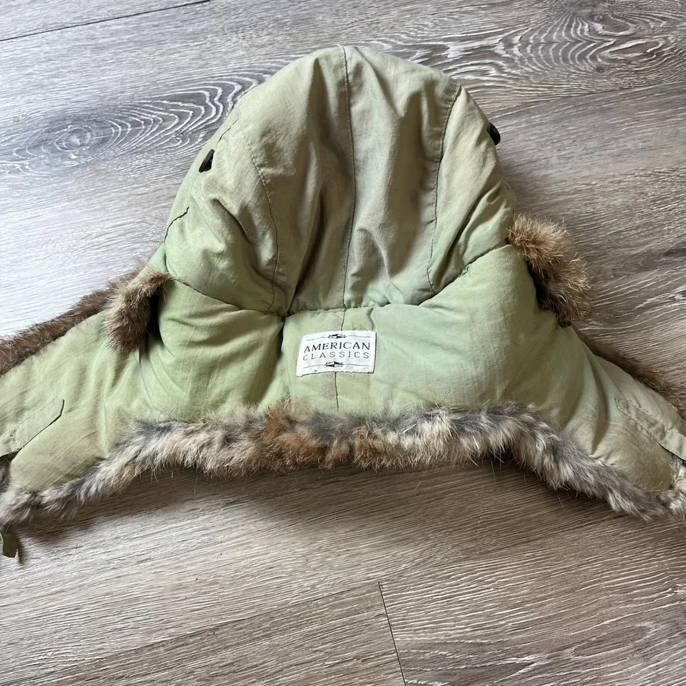 American Classics Trapper Hat Unisex L Green Rabbit Fur Trim Vintage 70s Bomber